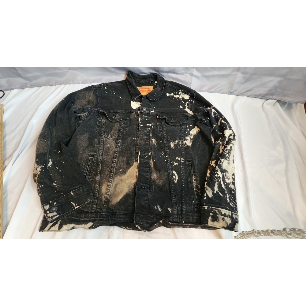 Levis Custom Acid Wash Bleach Distressed Denim Jacket Black Y2K Punk Grunge XL - Picture 7 of 9
